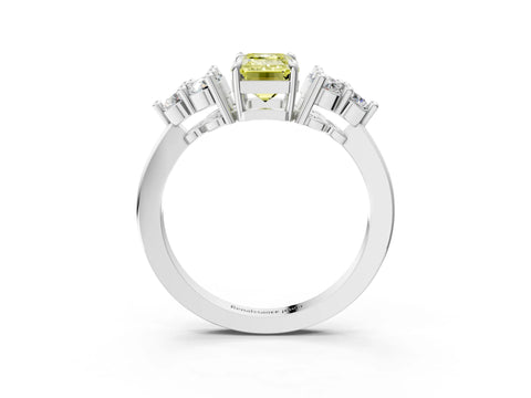 White gold Fancy Yellow Emerald Cut Brilliant Diamond Cluster Accent Solitaire Ring with Prong Setting_15