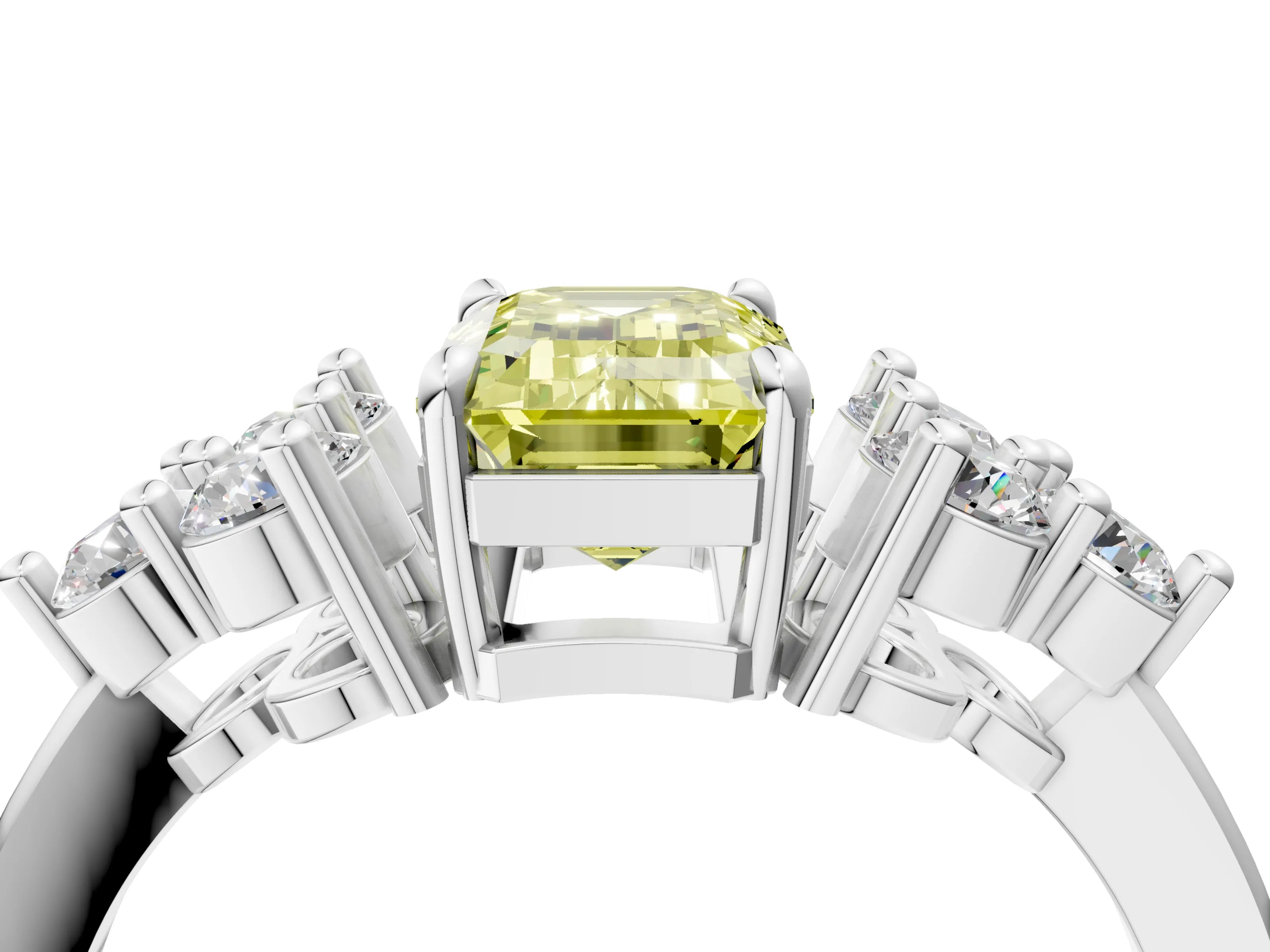 White gold Fancy Yellow Emerald Cut Brilliant Diamond Cluster Accent Solitaire Ring with Prong Setting_16