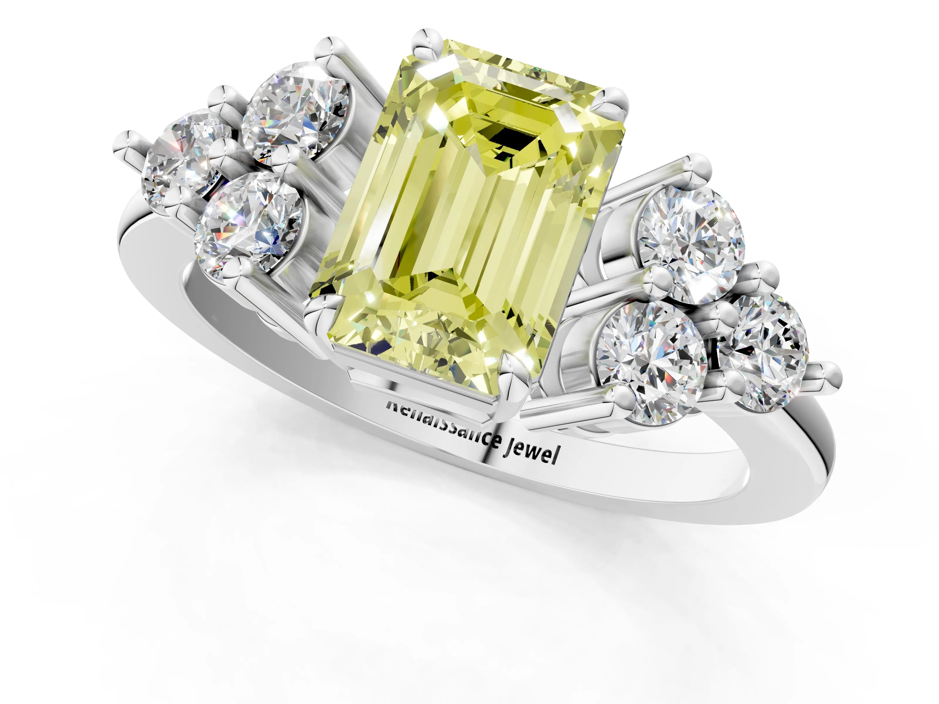 White gold Fancy Yellow Emerald Cut Brilliant Diamond Cluster Accent Solitaire Ring with Prong Setting_1