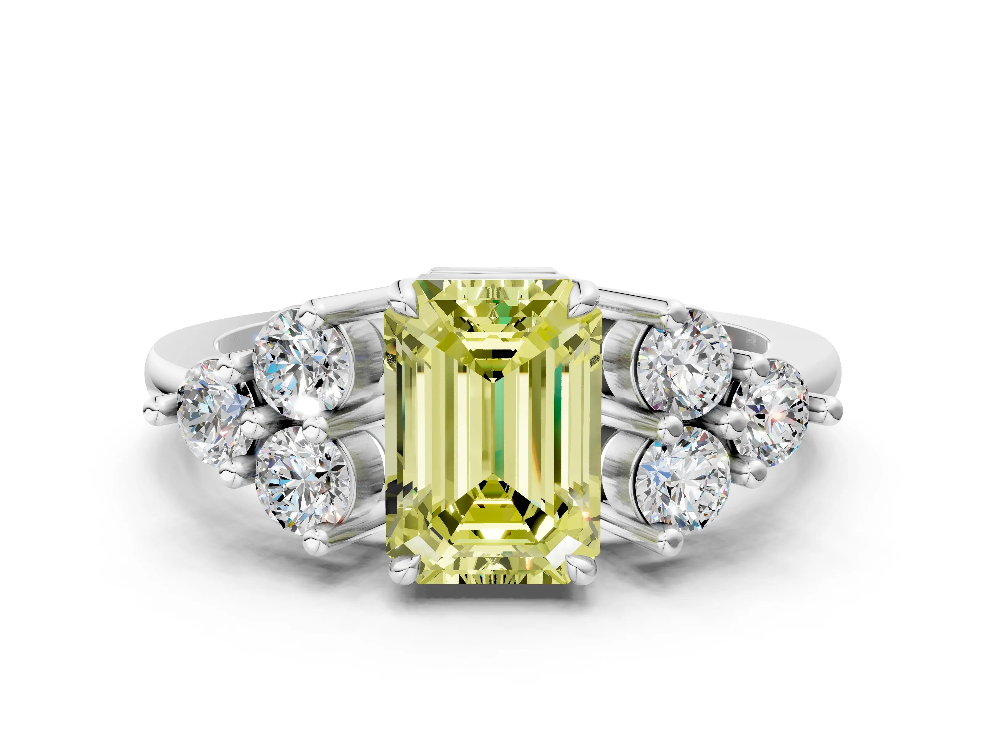 White gold Fancy Yellow Emerald Cut Brilliant Diamond Cluster Accent Solitaire Ring with Prong Setting