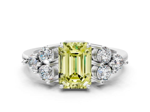 White gold Fancy Yellow Emerald Cut Brilliant Diamond Cluster Accent Solitaire Ring with Prong Setting