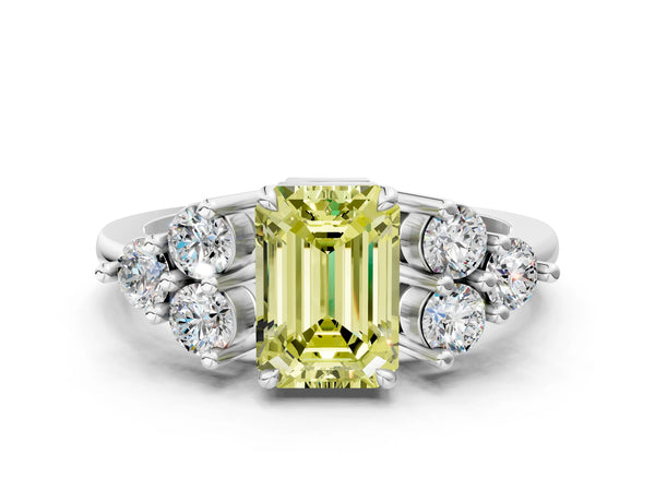 White gold Fancy Yellow Emerald Cut Brilliant Diamond Cluster Accent Solitaire Ring with Prong Setting