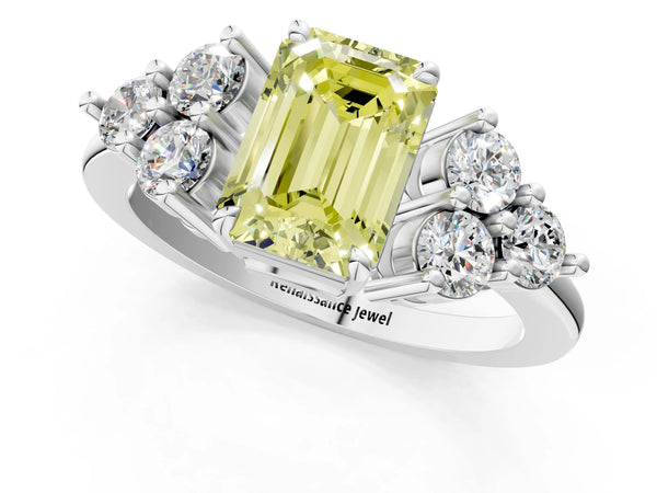 White gold Fancy Yellow Emerald Cut Brilliant Diamond Cluster Accent Solitaire Ring with Prong Setting