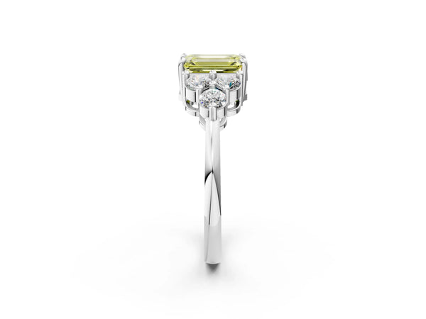 White gold Fancy Yellow Emerald Cut Brilliant Diamond Cluster Accent Solitaire Ring with Prong Setting