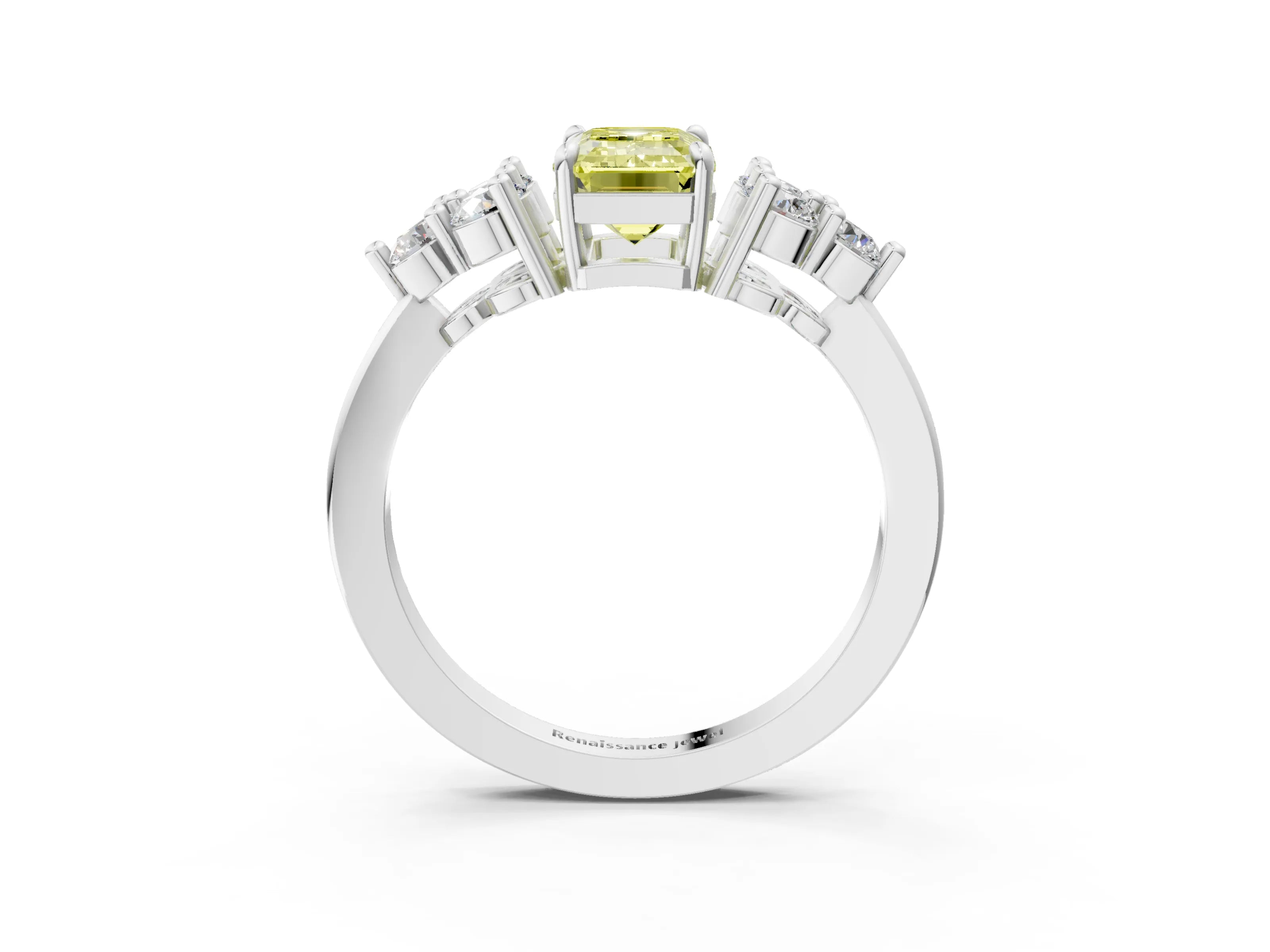 White gold Fancy Yellow Emerald Cut Brilliant Diamond Cluster Accent Solitaire Ring with Prong Setting_27