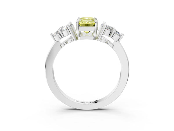 White gold Fancy Yellow Emerald Cut Brilliant Diamond Cluster Accent Solitaire Ring with Prong Setting
