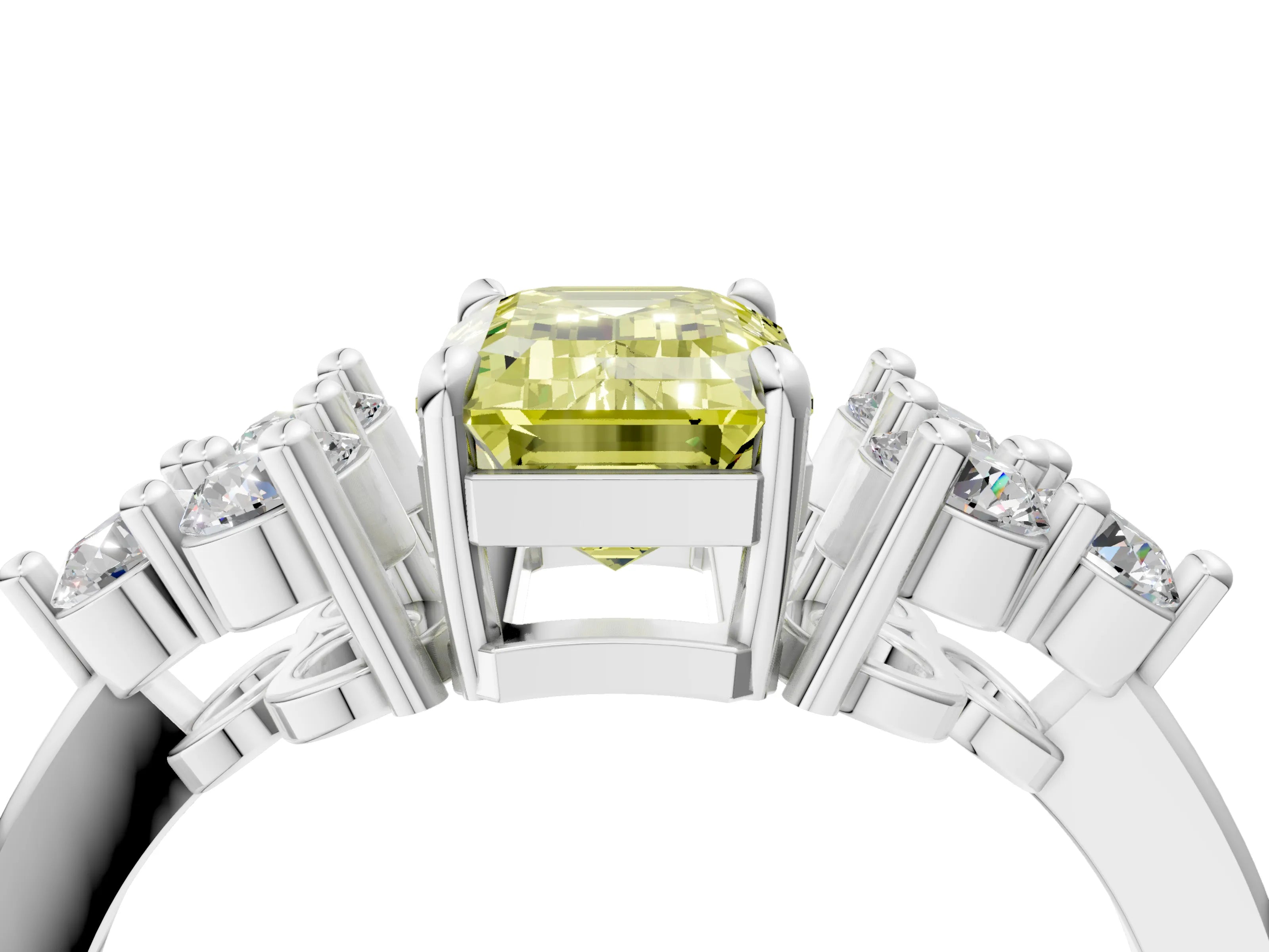 White gold Fancy Yellow Emerald Cut Brilliant Diamond Cluster Accent Solitaire Ring with Prong Setting_28