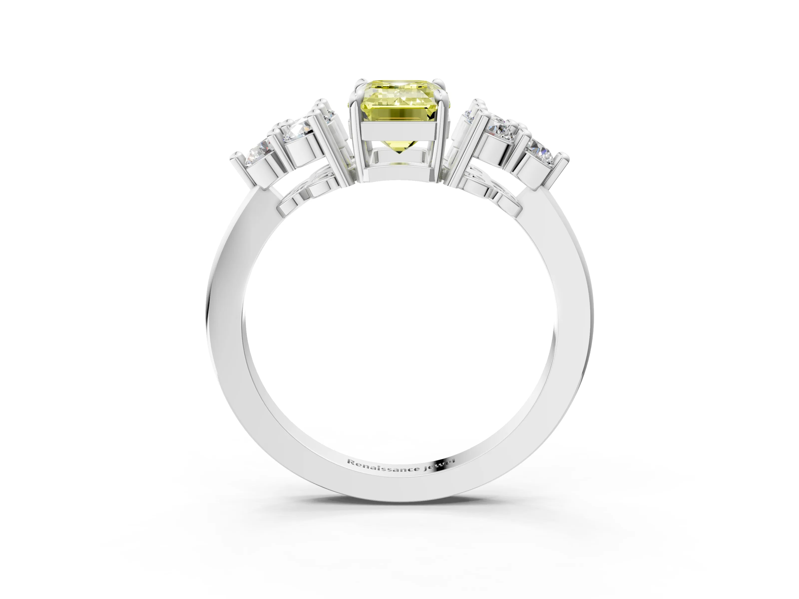 White gold Fancy Yellow Emerald Cut Brilliant Diamond Cluster Accent Solitaire Ring with Prong Setting_3