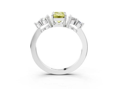 White gold Fancy Yellow Emerald Cut Brilliant Diamond Cluster Accent Solitaire Ring with Prong Setting_3