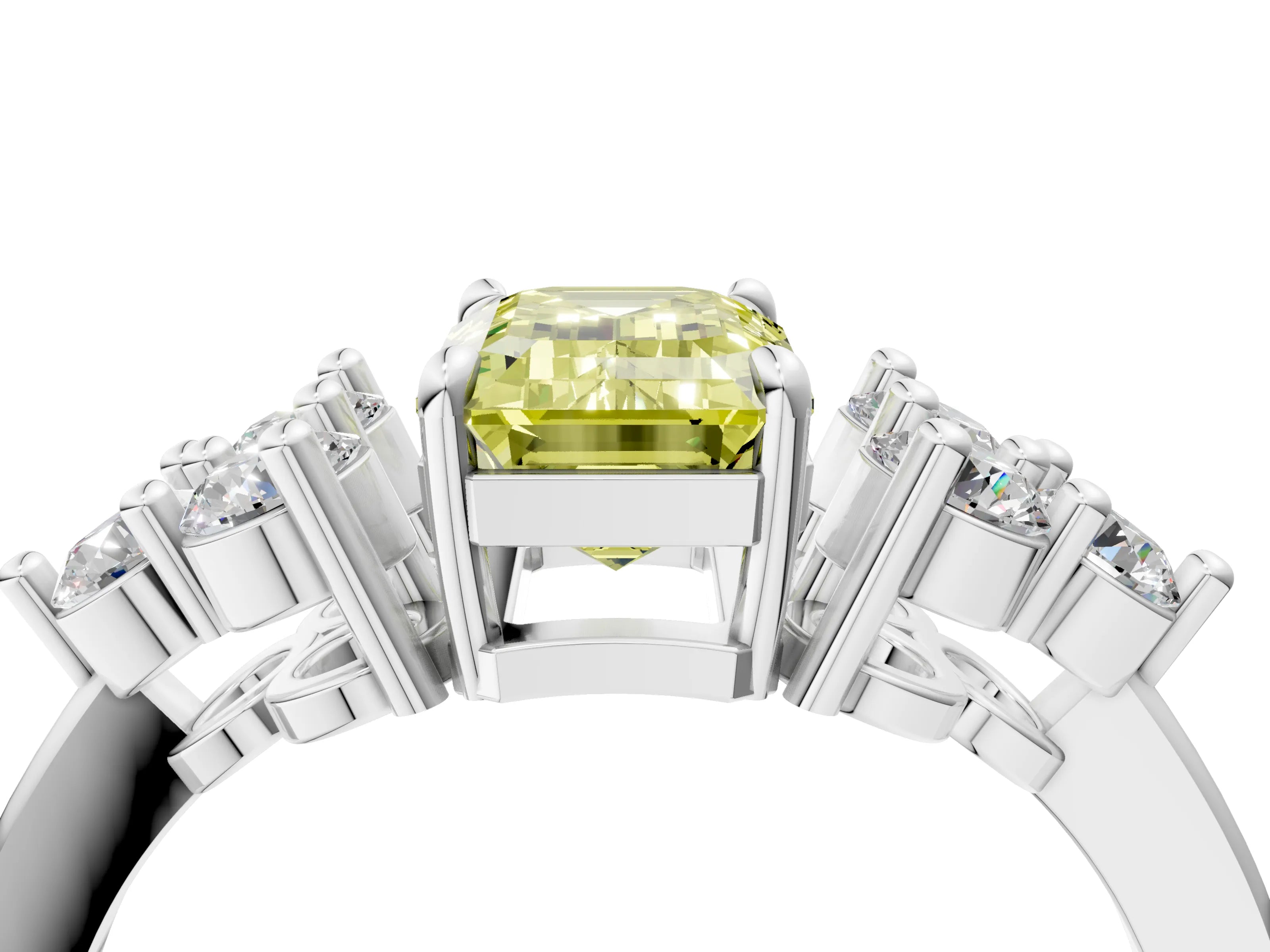 White gold Fancy Yellow Emerald Cut Brilliant Diamond Cluster Accent Solitaire Ring with Prong Setting_4