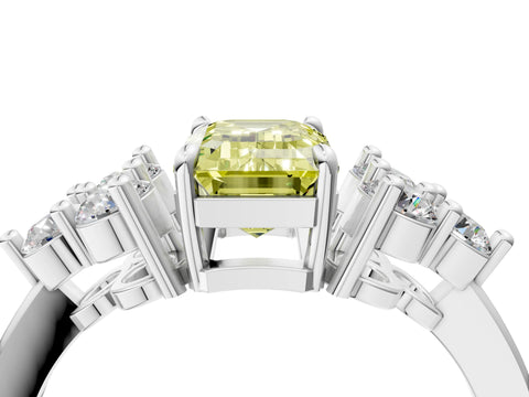 White gold Fancy Yellow Emerald Cut Brilliant Diamond Cluster Accent Solitaire Ring with Prong Setting_4