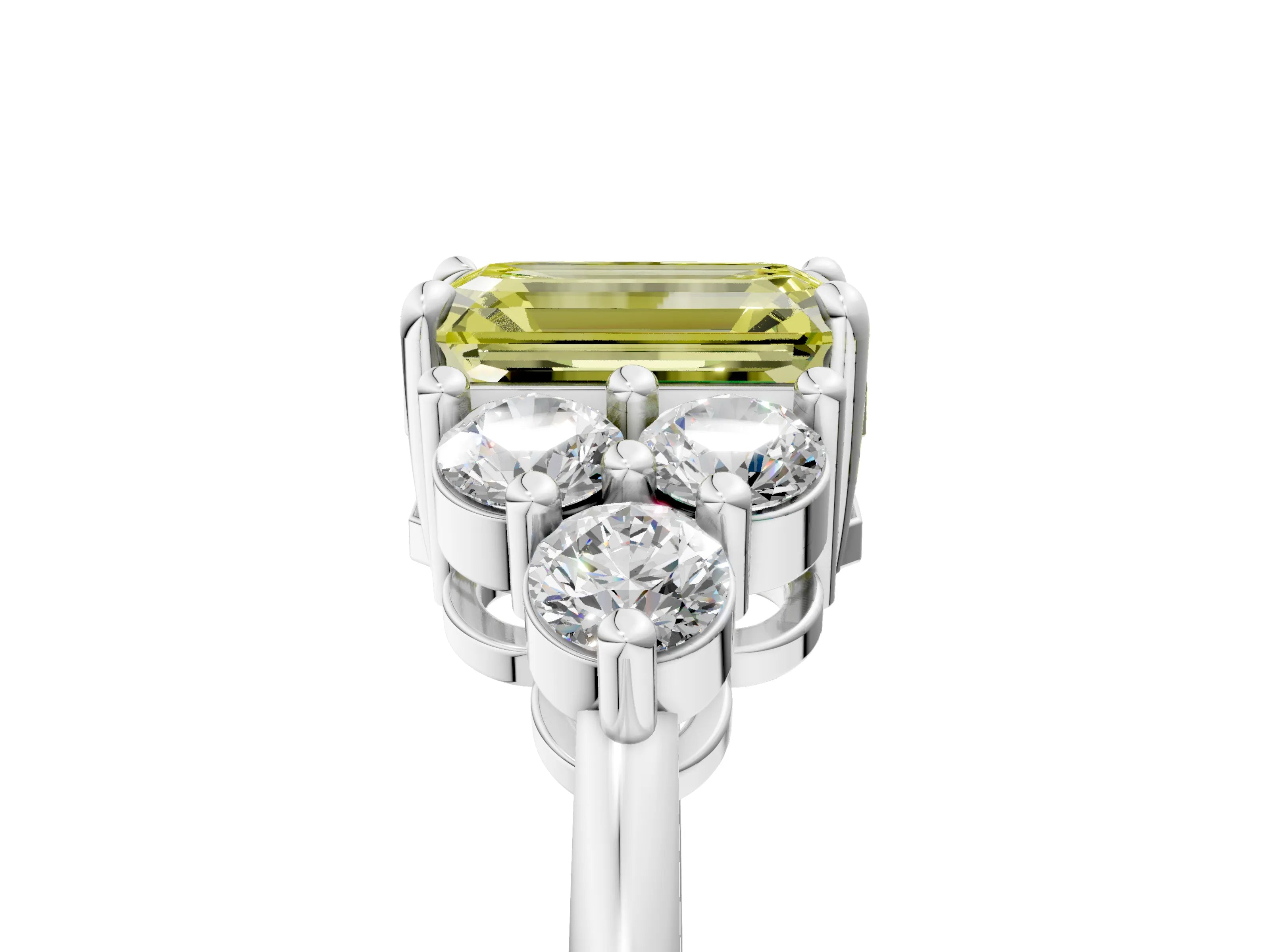 White gold Fancy Yellow Emerald Cut Brilliant Diamond Cluster Accent Solitaire Ring with Prong Setting_5