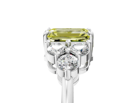 White gold Fancy Yellow Emerald Cut Brilliant Diamond Cluster Accent Solitaire Ring with Prong Setting_5