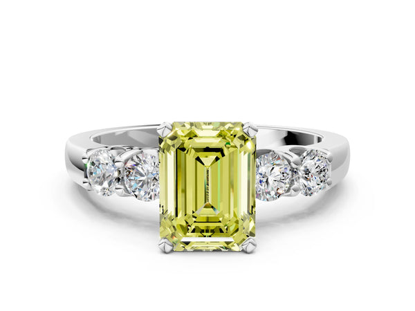 Platinum Fancy Yellow Emerald Cut Brilliant Diamond Five-Stone Engagement Ring with Prong Setting on a Classic Band