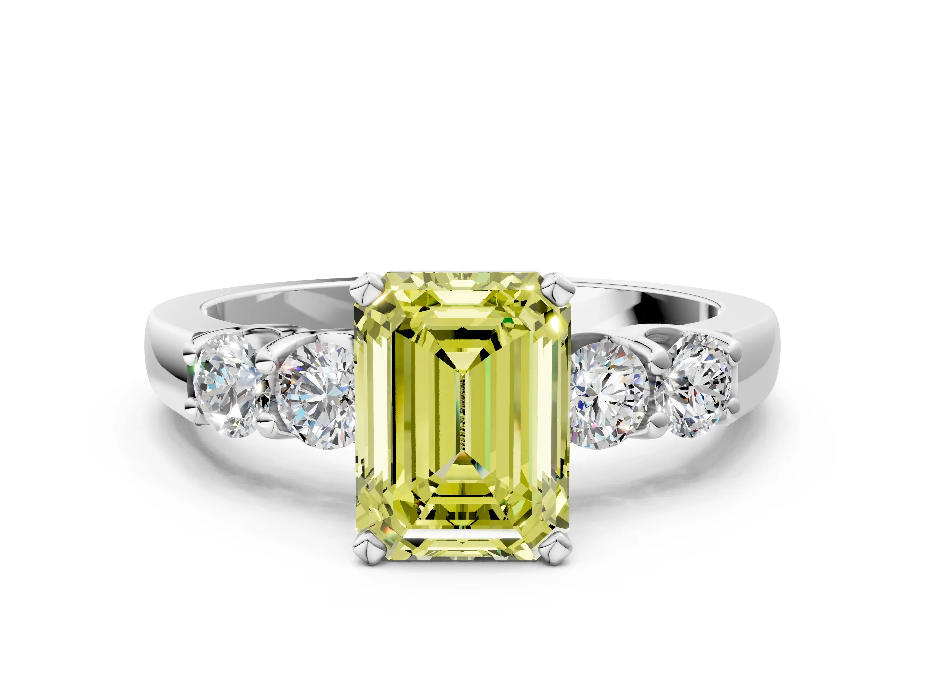 White gold Fancy Yellow Emerald Cut Brilliant Diamond Five-Stone Engagement Ring with Prong Setting on a Classic Band_3