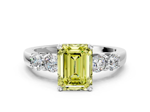 White gold Fancy Yellow Emerald Cut Brilliant Diamond Five-Stone Engagement Ring with Prong Setting on a Classic Band_3