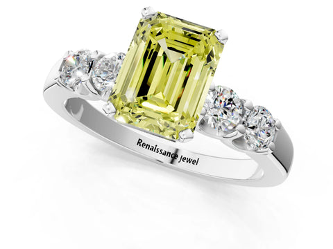 White gold Fancy Yellow Emerald Cut Brilliant Diamond Five-Stone Engagement Ring with Prong Setting on a Classic Band_4