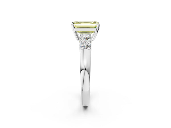Platinum Fancy Yellow Emerald Cut Brilliant Diamond Five-Stone Engagement Ring with Prong Setting on a Classic Band