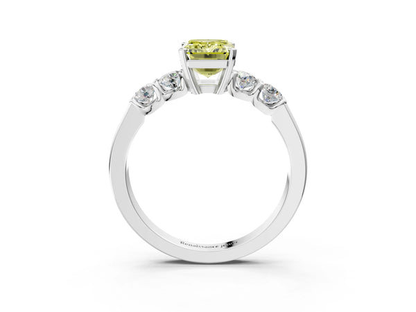 Platinum Fancy Yellow Emerald Cut Brilliant Diamond Five-Stone Engagement Ring with Prong Setting on a Classic Band