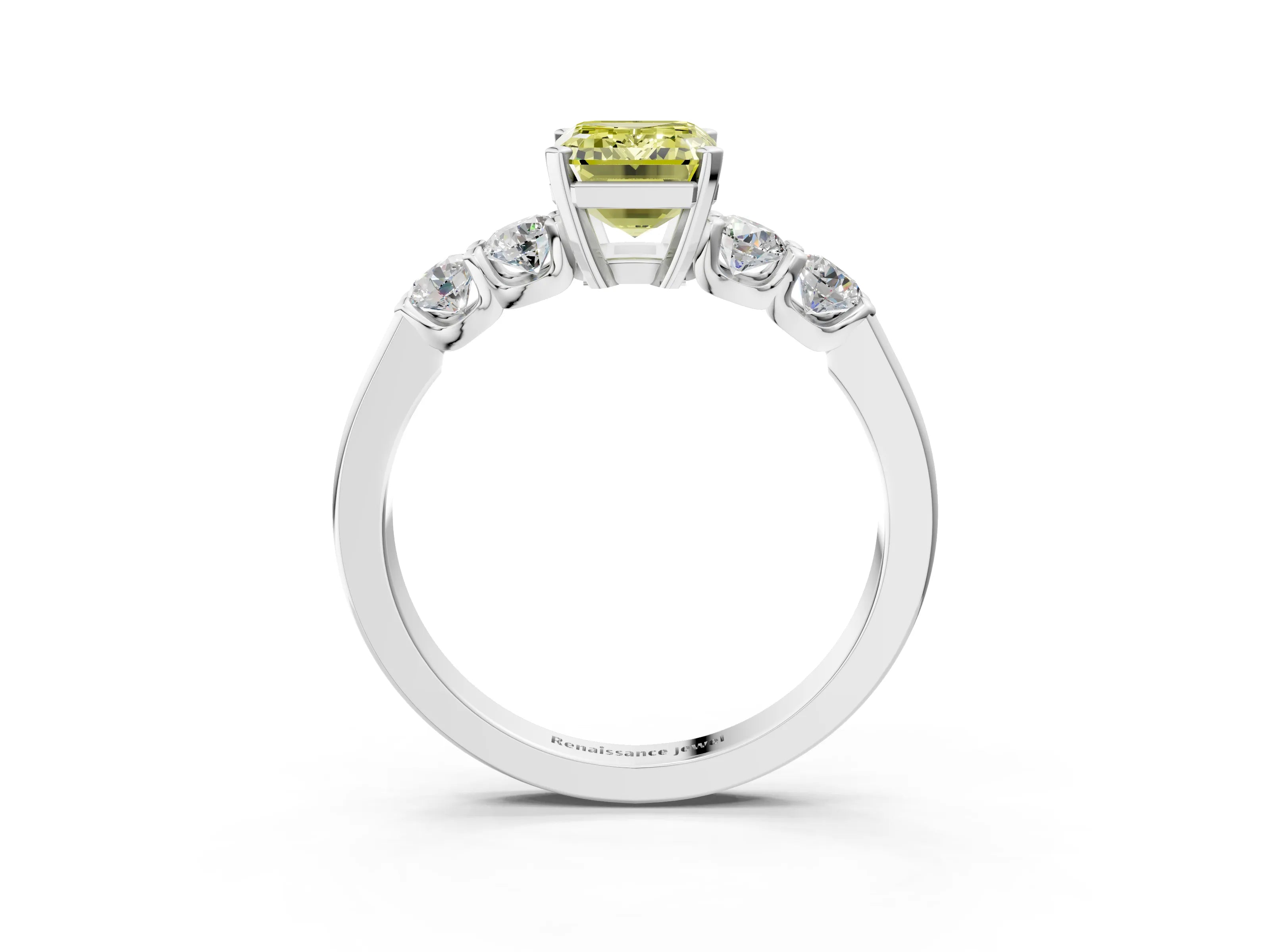 White gold Fancy Yellow Emerald Cut Brilliant Diamond Five-Stone Engagement Ring with Prong Setting on a Classic Band_6