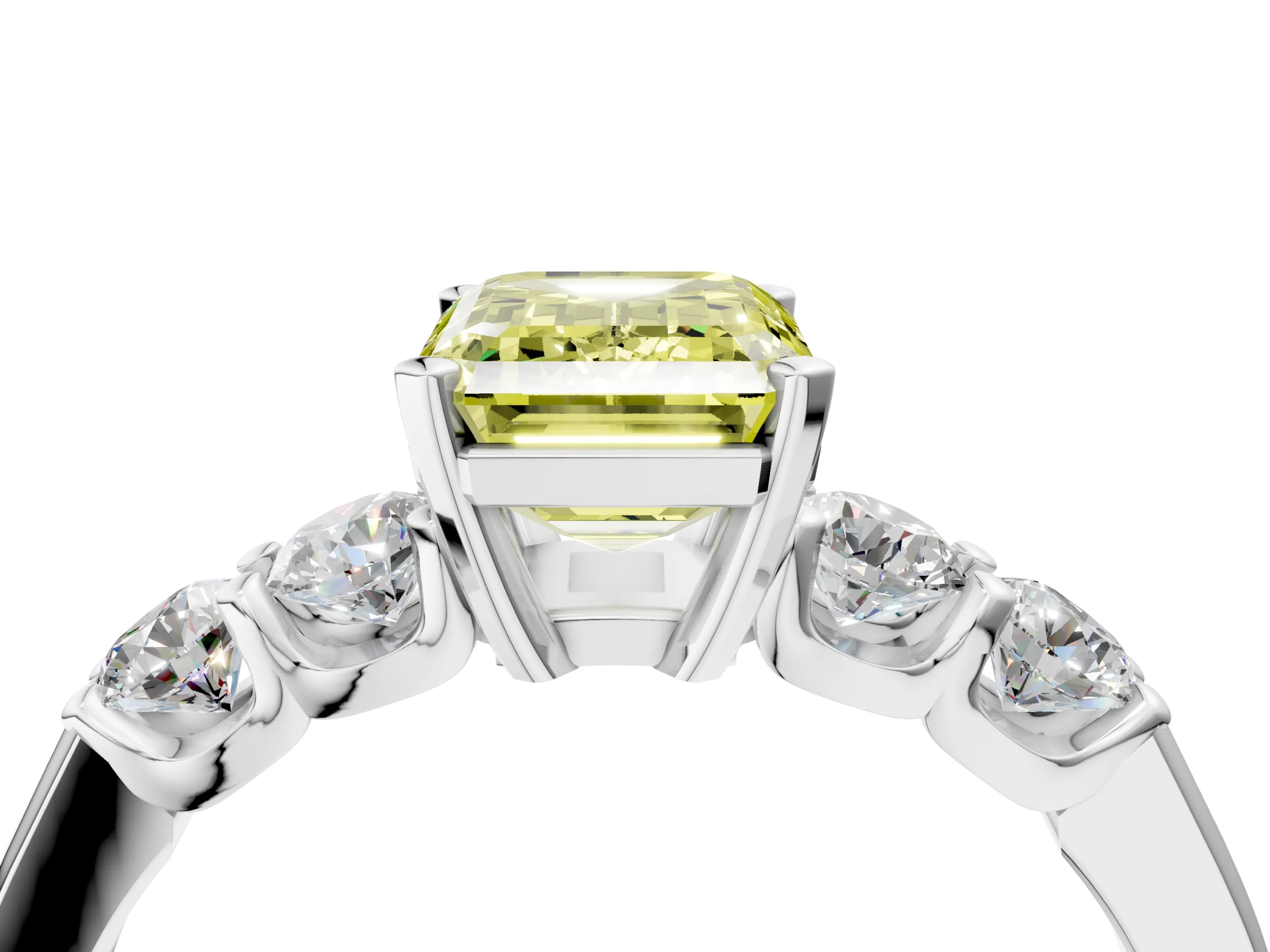 White gold Fancy Yellow Emerald Cut Brilliant Diamond Five-Stone Engagement Ring with Prong Setting on a Classic Band_7