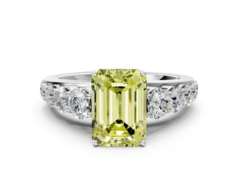 White gold Fancy Yellow Emerald Cut Brilliant Diamond Pavé Band with Six-Prong Setting