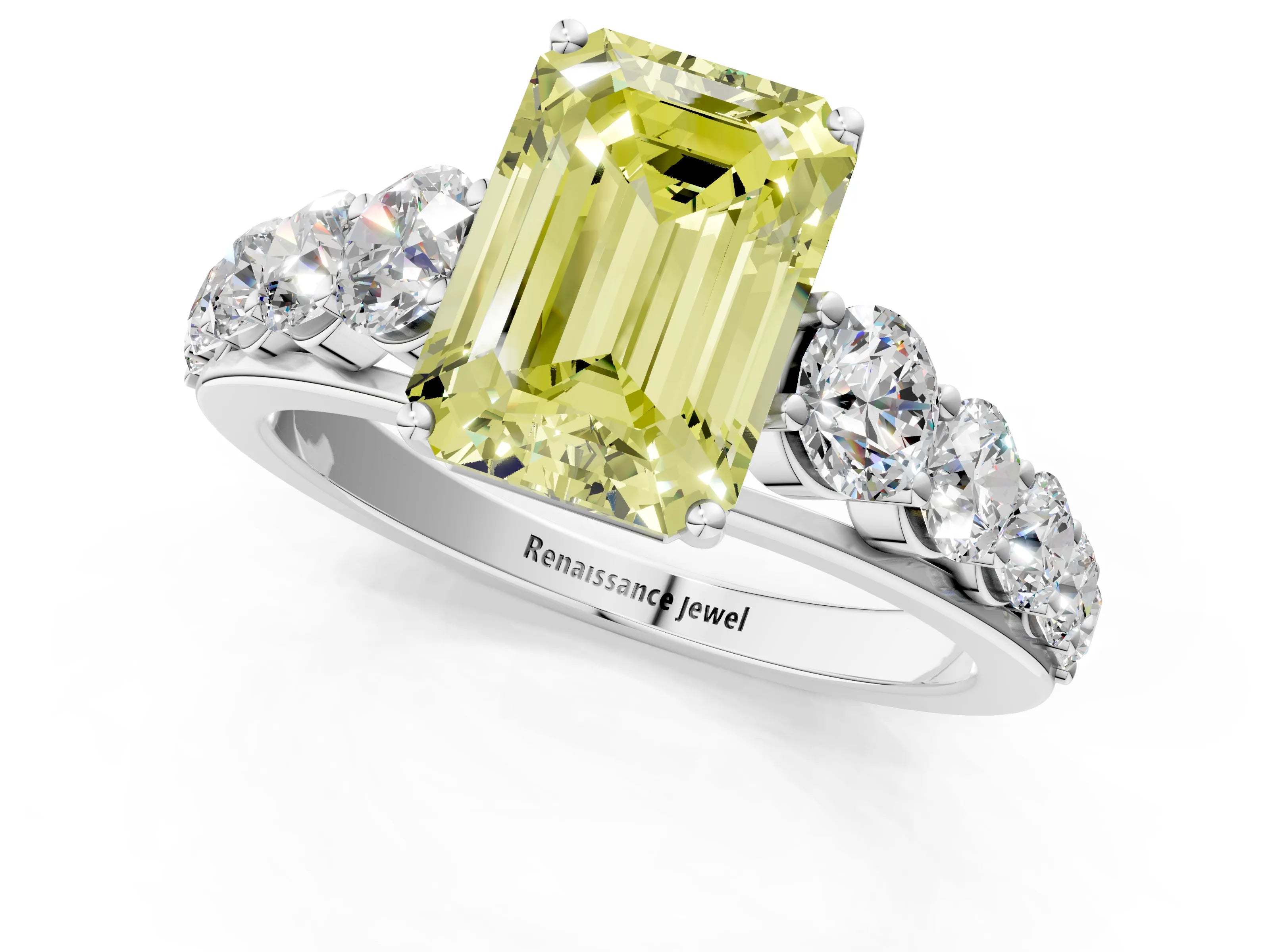 White gold Fancy Yellow Emerald Cut Brilliant Diamond Pavé Band with Six-Prong Setting_1