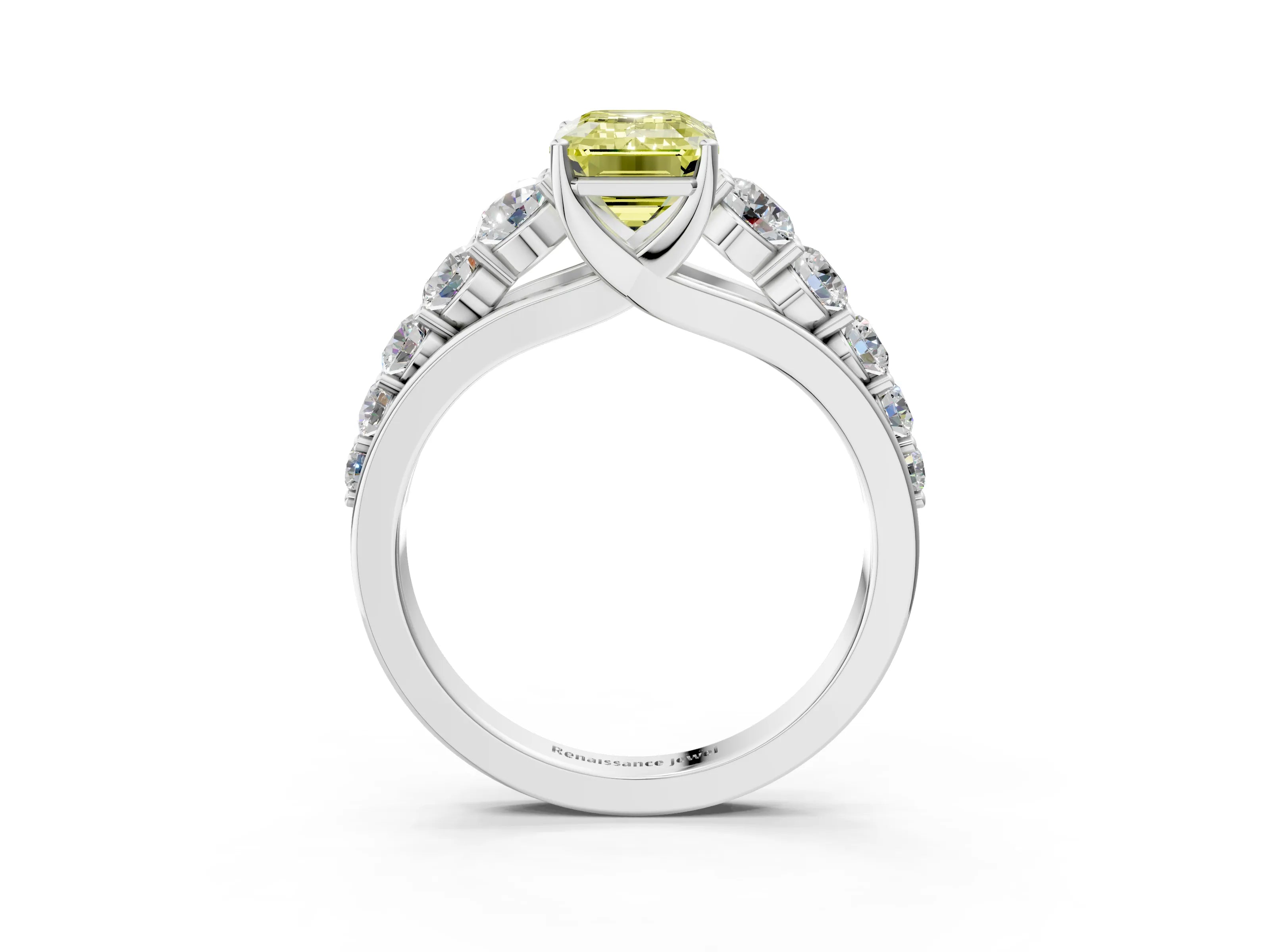 White gold Fancy Yellow Emerald Cut Brilliant Diamond Pavé Band with Six-Prong Setting_3