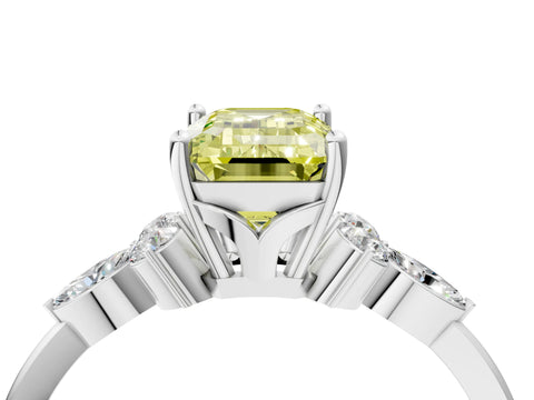 White gold Fancy Yellow Emerald Cut Brilliant Diamond Solitaire Ring with Pear Side Stones and Four-Prong Setting_10