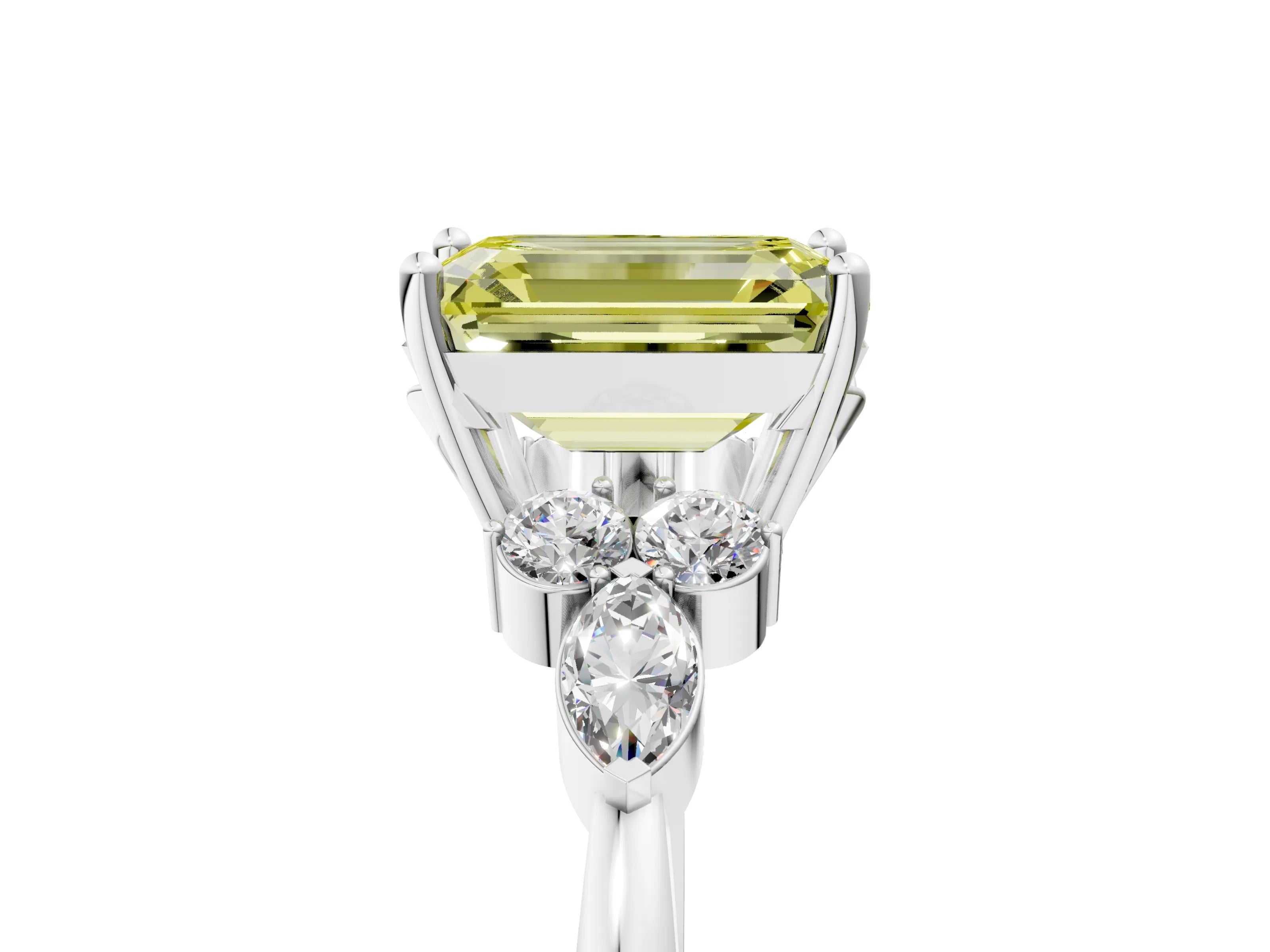 White gold Fancy Yellow Emerald Cut Brilliant Diamond Solitaire Ring with Pear Side Stones and Four-Prong Setting_11