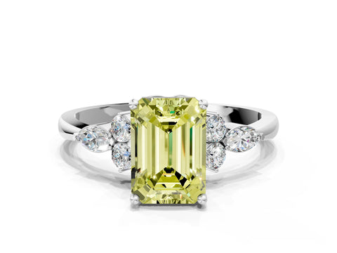 White gold Fancy Yellow Emerald Cut Brilliant Diamond Solitaire Ring with Pear Side Stones and Four-Prong Setting_18