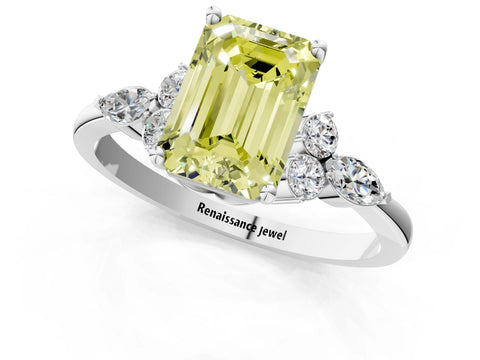 White gold Fancy Yellow Emerald Cut Brilliant Diamond Solitaire Ring with Pear Side Stones and Four-Prong Setting_19