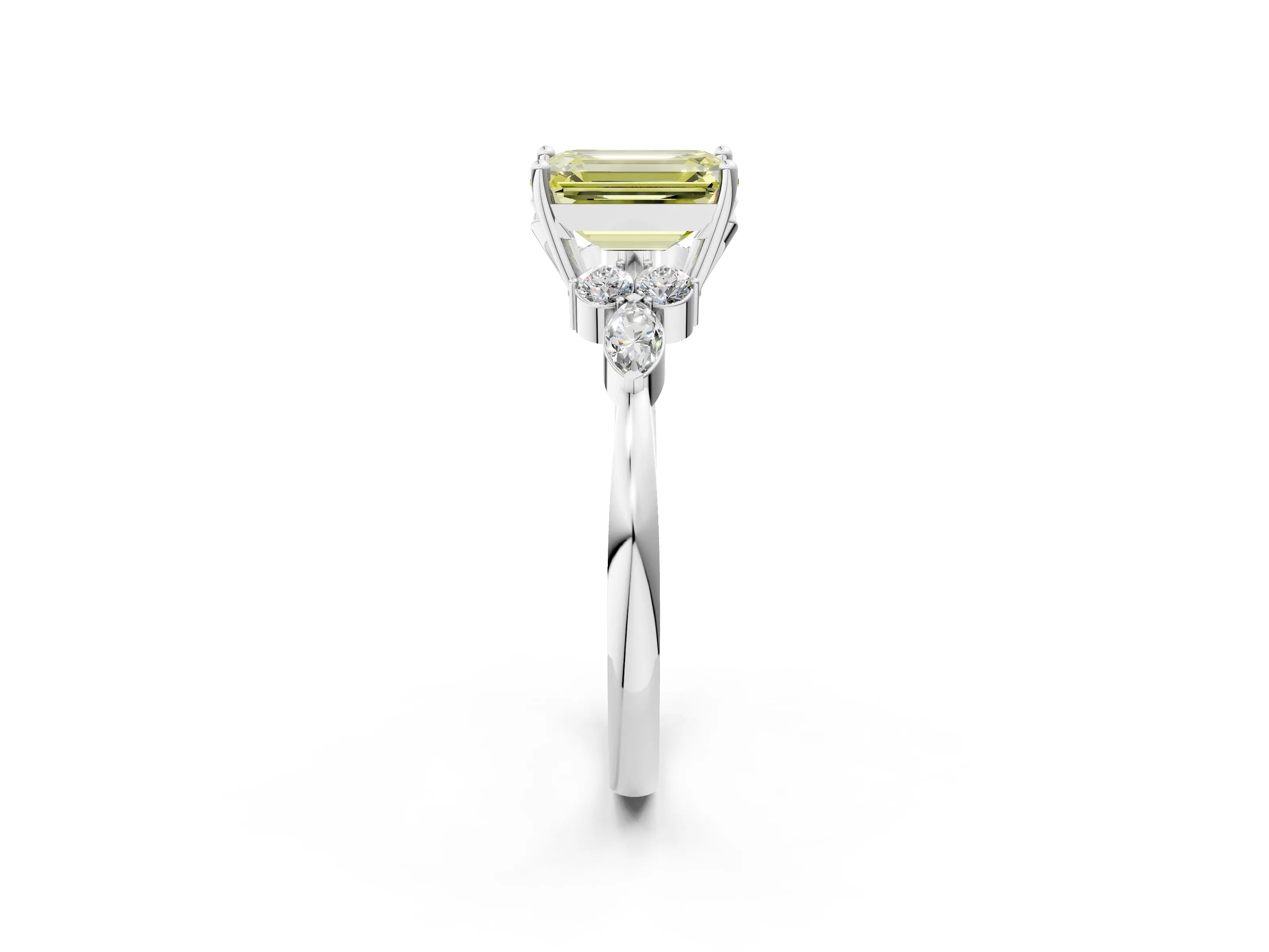 White gold Fancy Yellow Emerald Cut Brilliant Diamond Solitaire Ring with Pear Side Stones and Four-Prong Setting_20