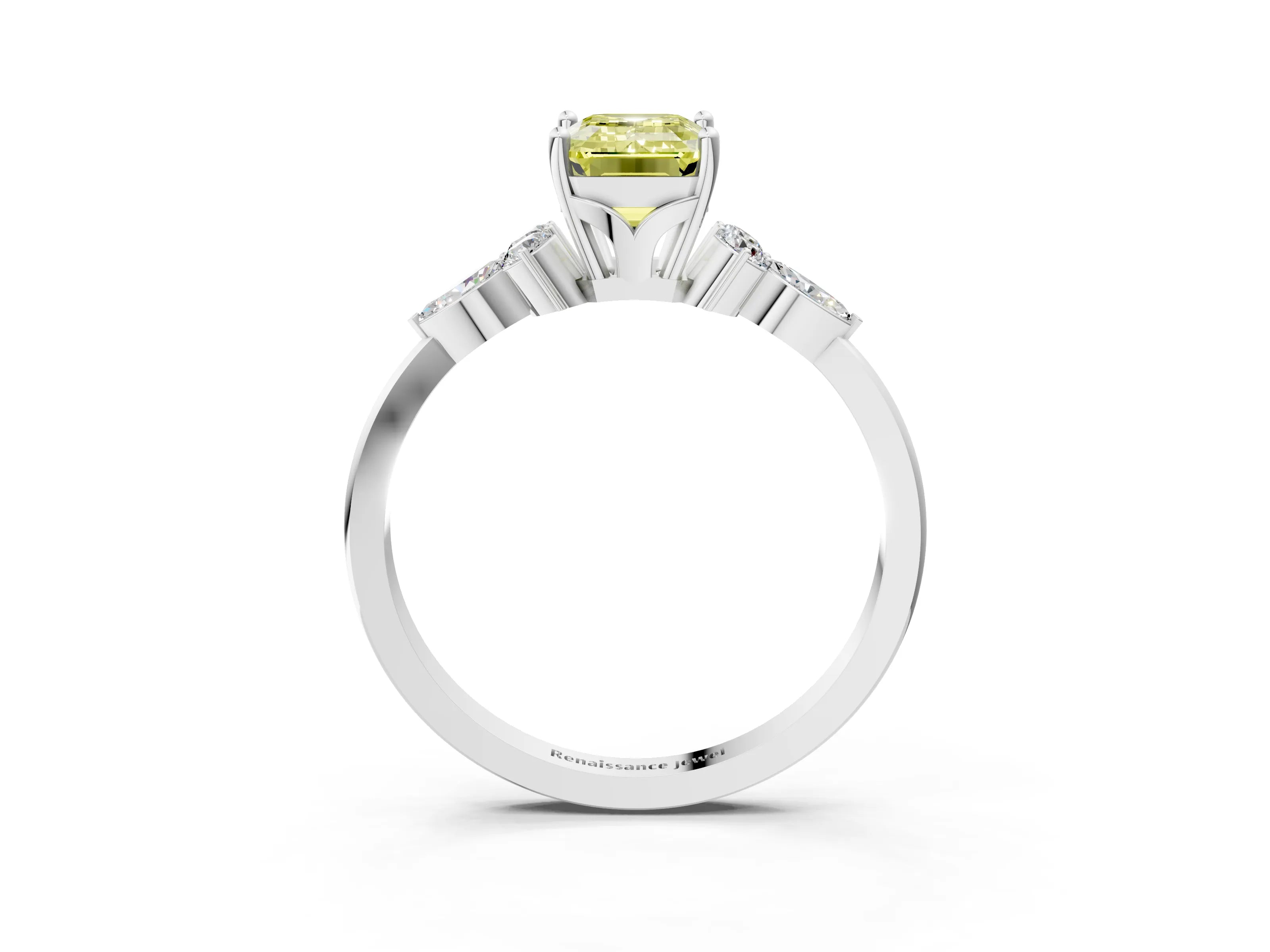 White gold Fancy Yellow Emerald Cut Brilliant Diamond Solitaire Ring with Pear Side Stones and Four-Prong Setting_21
