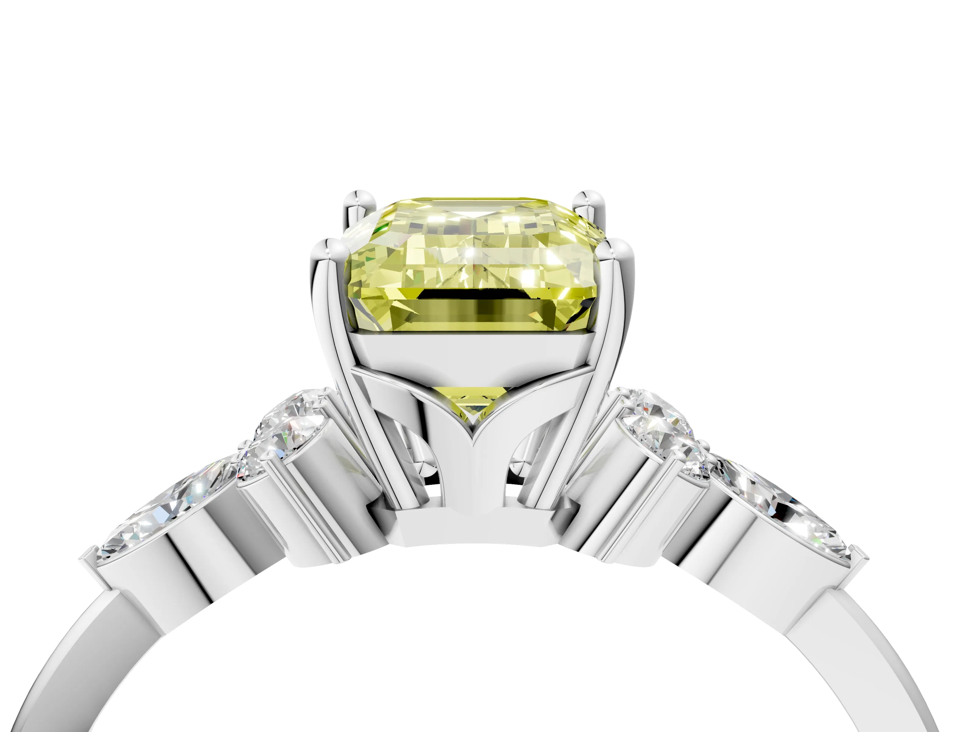 White gold Fancy Yellow Emerald Cut Brilliant Diamond Solitaire Ring with Pear Side Stones and Four-Prong Setting_22