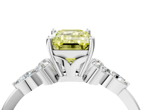 White gold Fancy Yellow Emerald Cut Brilliant Diamond Solitaire Ring with Pear Side Stones and Four-Prong Setting_22