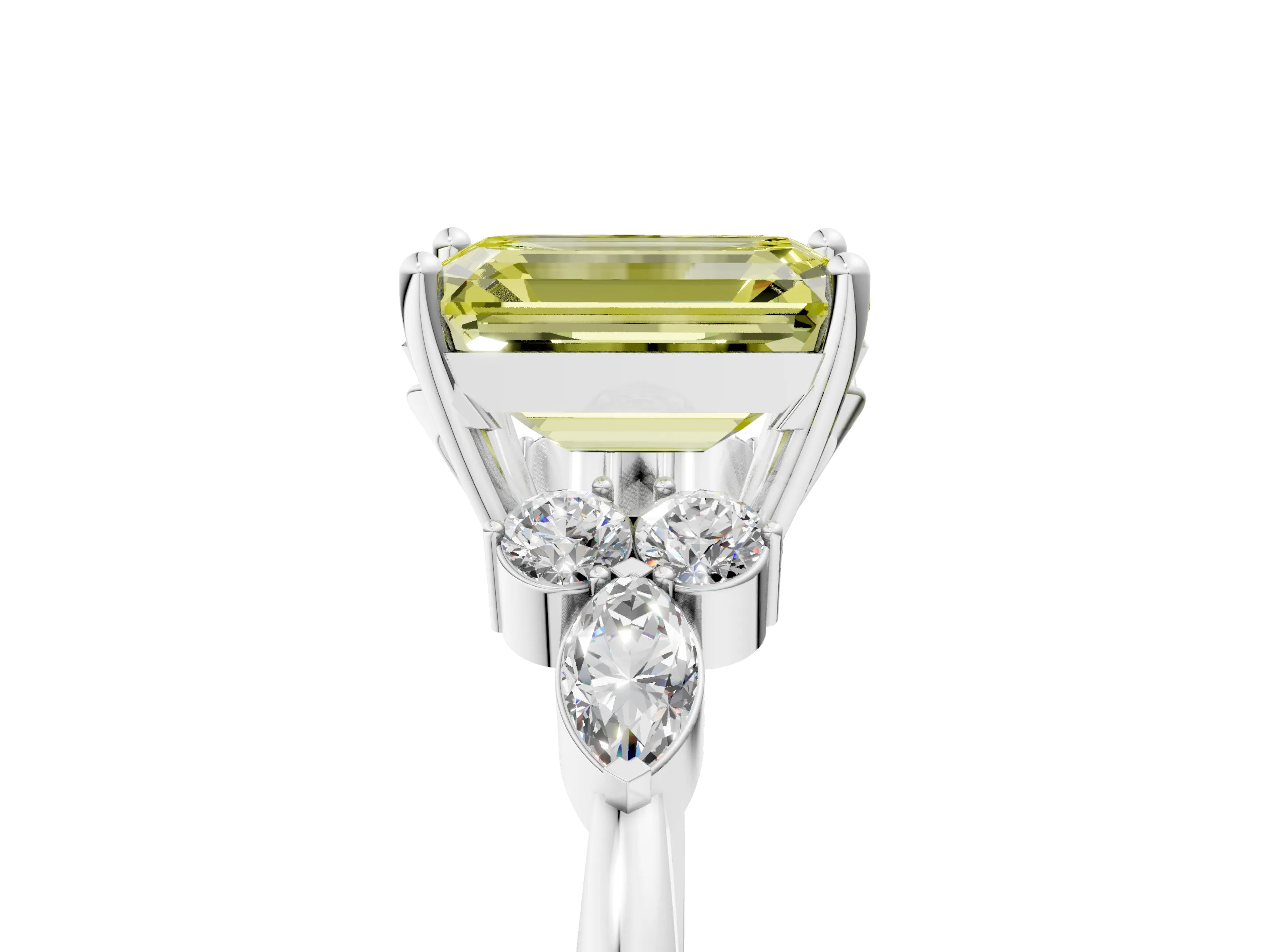 White gold Fancy Yellow Emerald Cut Brilliant Diamond Solitaire Ring with Pear Side Stones and Four-Prong Setting_23