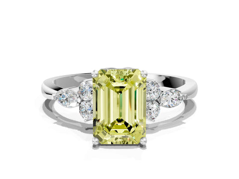 White gold Fancy Yellow Emerald Cut Brilliant Diamond Solitaire Ring with Pear Side Stones and Four-Prong Setting_6