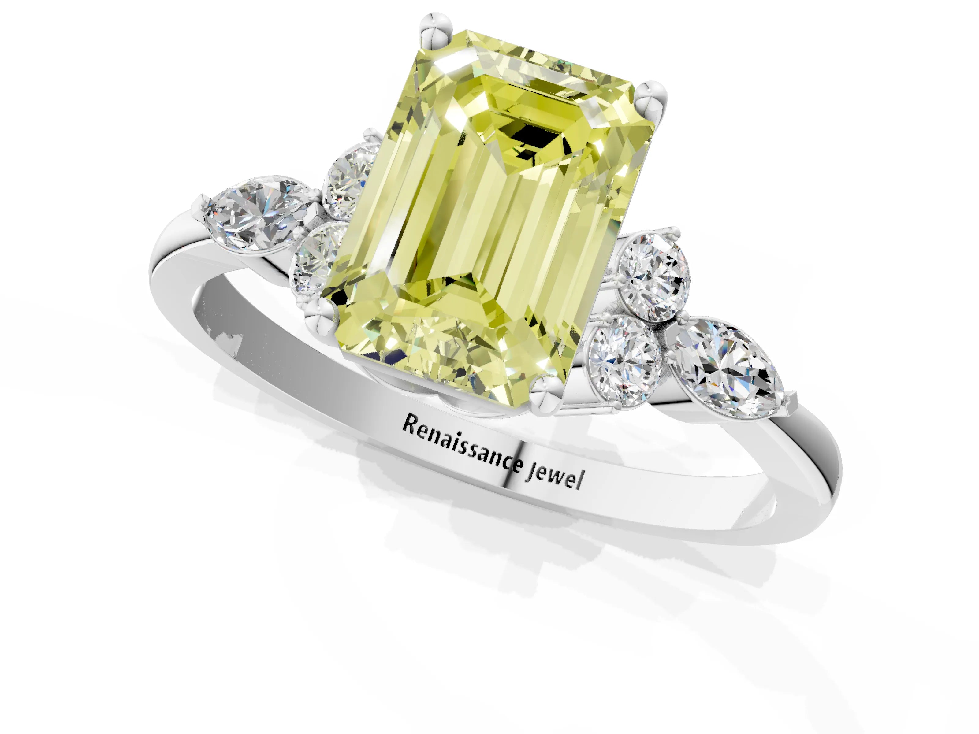 White gold Fancy Yellow Emerald Cut Brilliant Diamond Solitaire Ring with Pear Side Stones and Four-Prong Setting_7