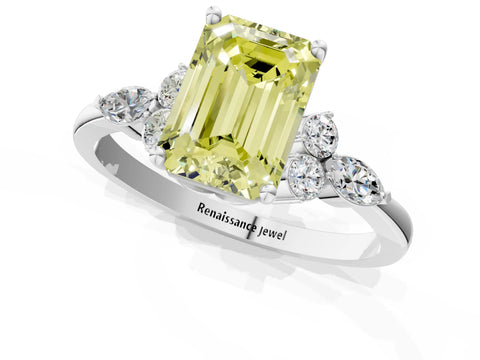 White gold Fancy Yellow Emerald Cut Brilliant Diamond Solitaire Ring with Pear Side Stones and Four-Prong Setting_7