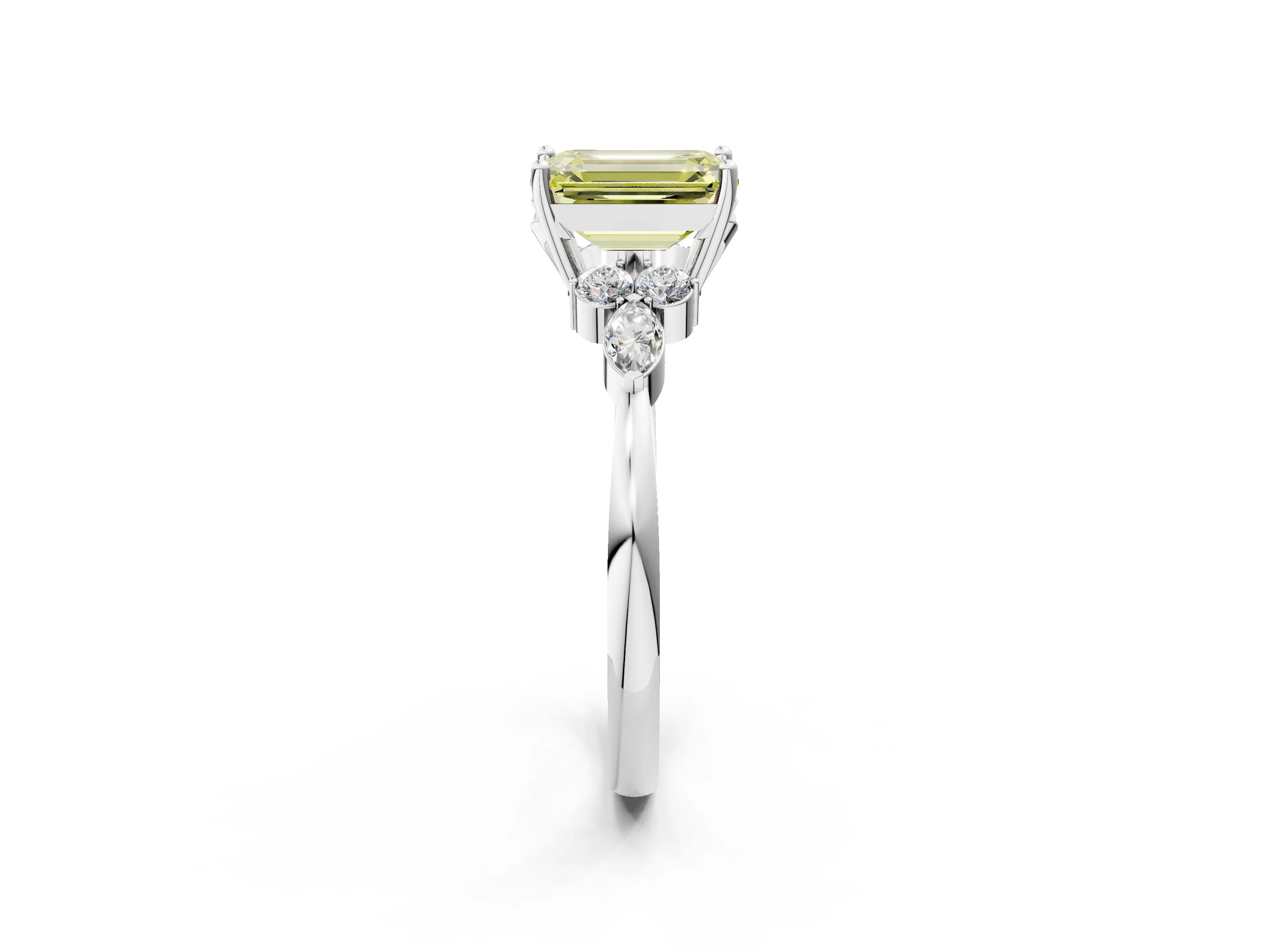 White gold Fancy Yellow Emerald Cut Brilliant Diamond Solitaire Ring with Pear Side Stones and Four-Prong Setting_8