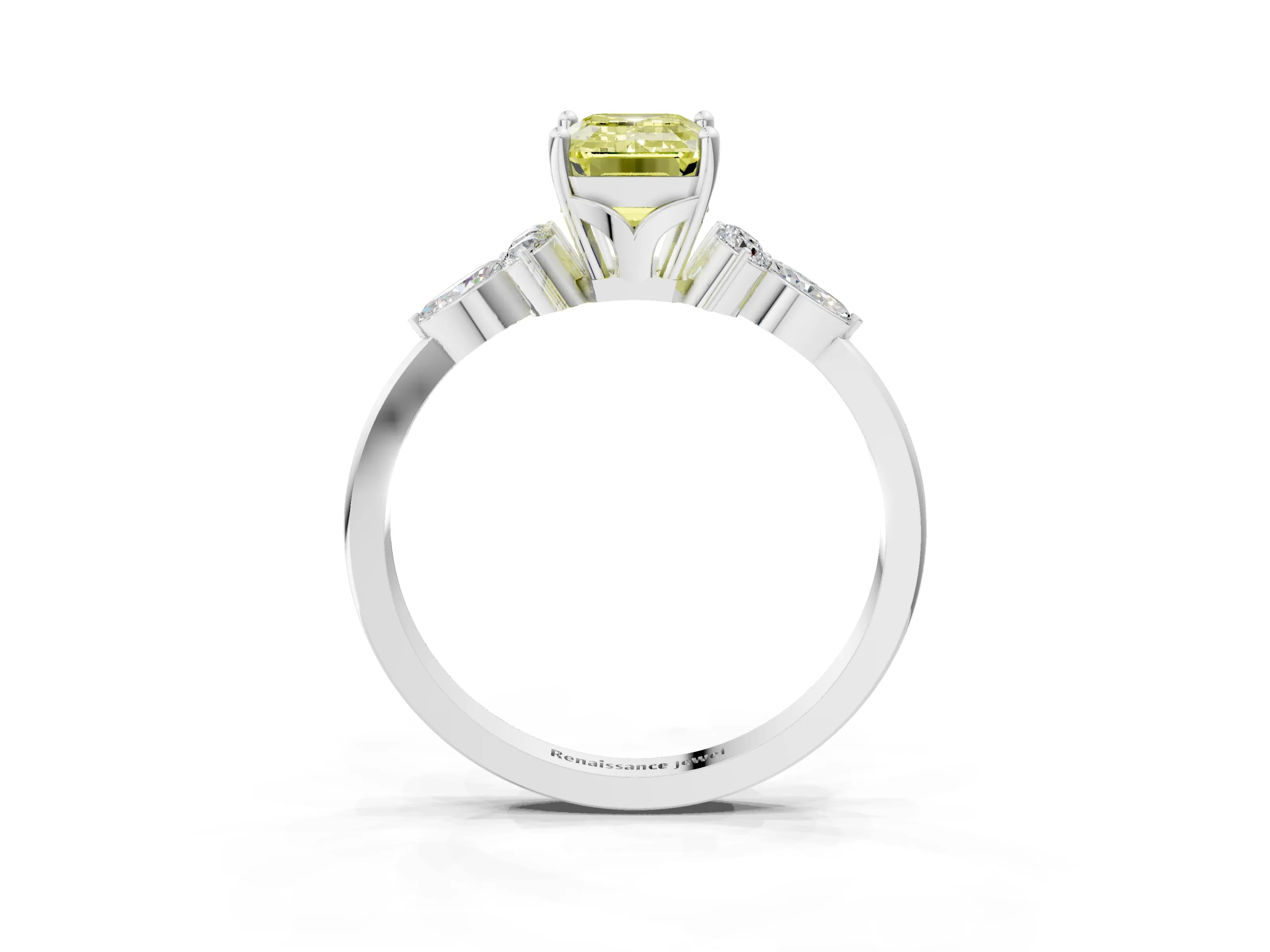 White gold Fancy Yellow Emerald Cut Brilliant Diamond Solitaire Ring with Pear Side Stones and Four-Prong Setting_9