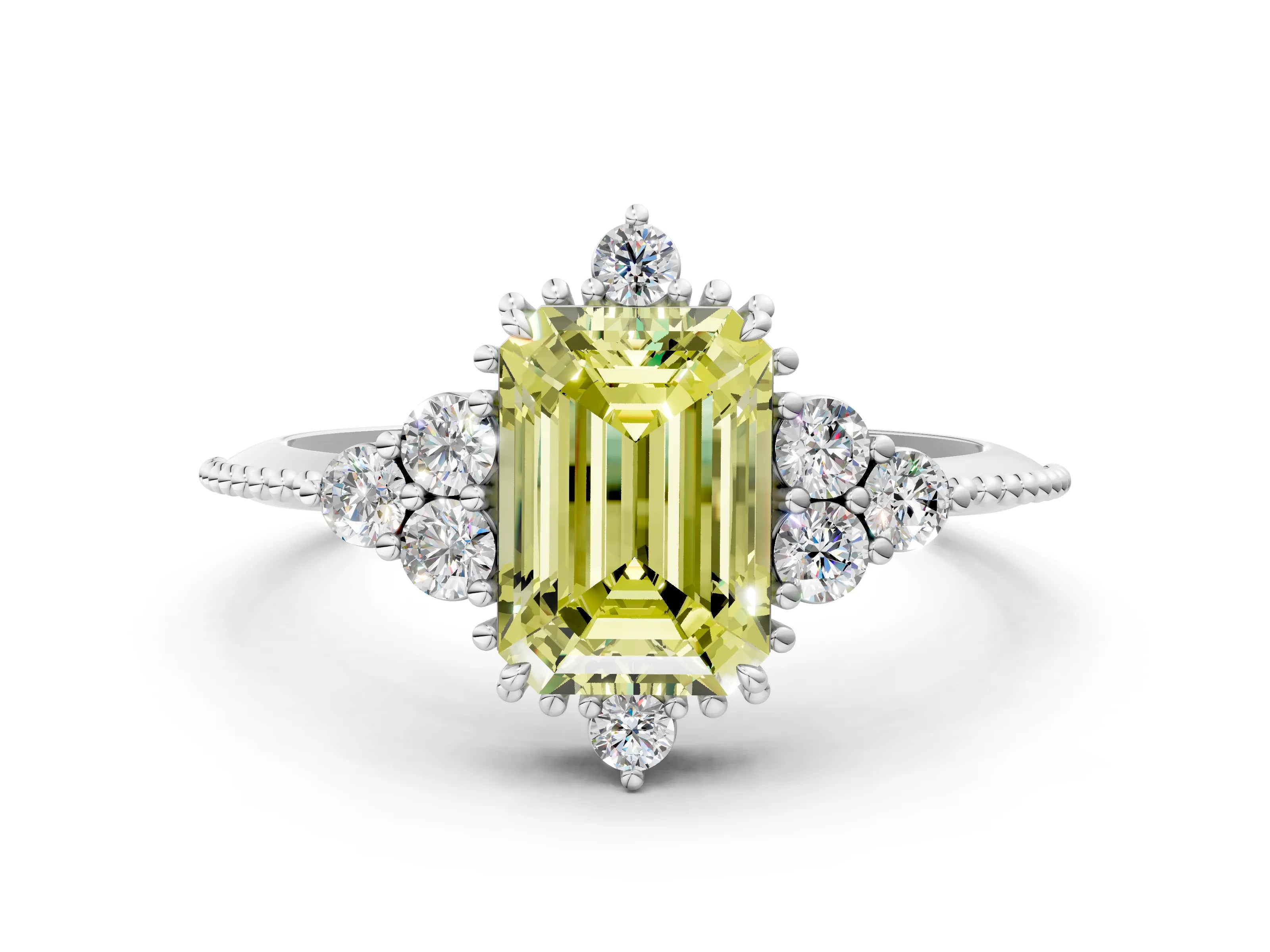 White gold Fancy Yellow Emerald Cut Brilliant Diamond with Cluster Setting on a Beaded Band and Four-Prong Setting