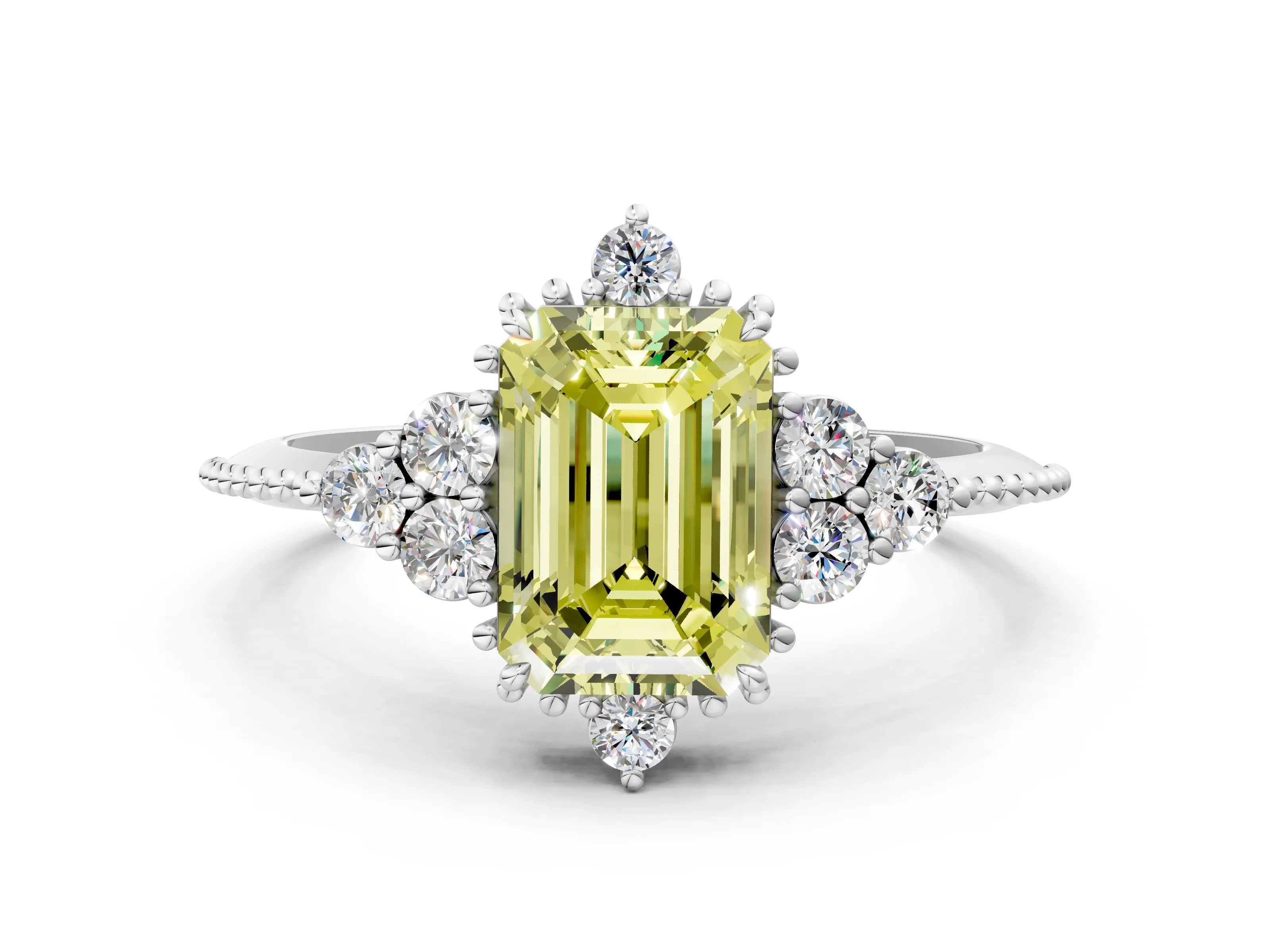 White gold Fancy Yellow Emerald Cut Brilliant Diamond with Cluster Setting on a Beaded Band and Four-Prong Setting_18