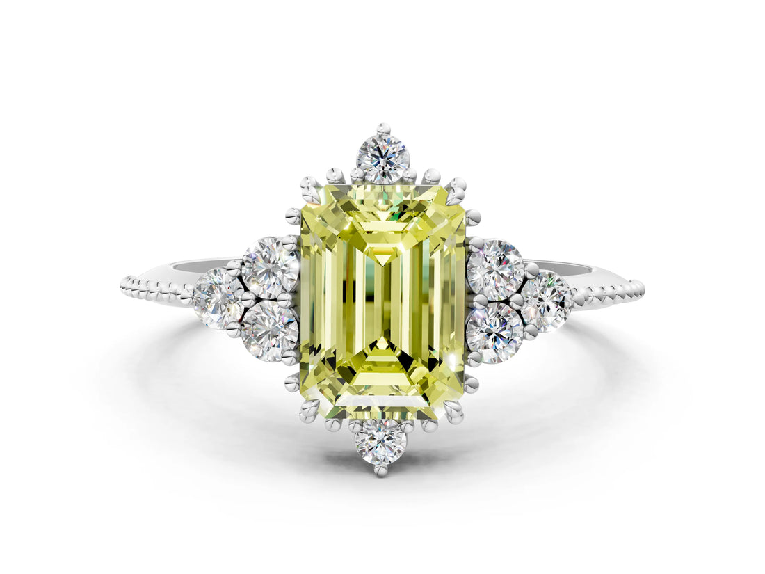 White gold Fancy Yellow Emerald Cut Brilliant Diamond with Cluster Setting on a Beaded Band and Four-Prong Setting_18