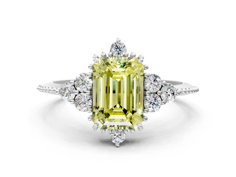 White gold Fancy Yellow Emerald Cut Brilliant Diamond with Cluster Setting on a Beaded Band and Four-Prong Setting_18