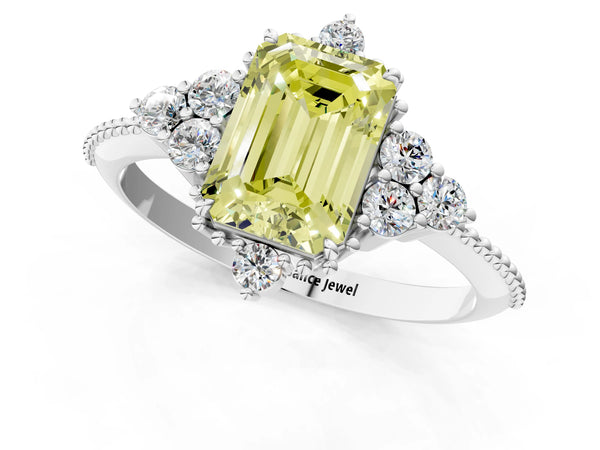 Platinum Emerald Cut Beaded Cluster Engagement Ring Setting for Fancy Yellow Center