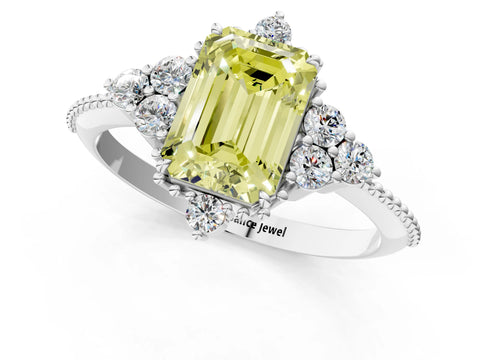 White gold Fancy Yellow Emerald Cut Brilliant Diamond with Cluster Setting on a Beaded Band and Four-Prong Setting_1