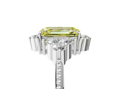 White gold Fancy Yellow Emerald Cut Brilliant Diamond with Cluster Setting on a Beaded Band and Four-Prong Setting_23