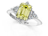 White gold Fancy Yellow Emerald Cut Brilliant Diamond with Cluster Setting on a Beaded Band and Four-Prong Setting_25